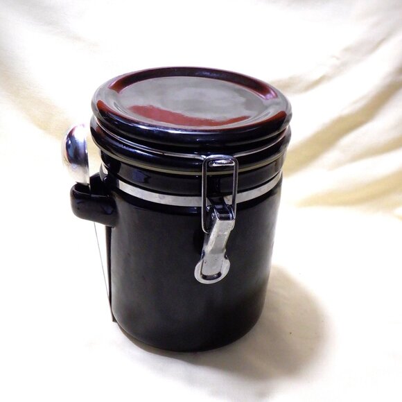 ~~~ Ceramic CANISTER / Metal Spoon ~~~  with Wire Bail Hock Closure - Picture 1 of 1